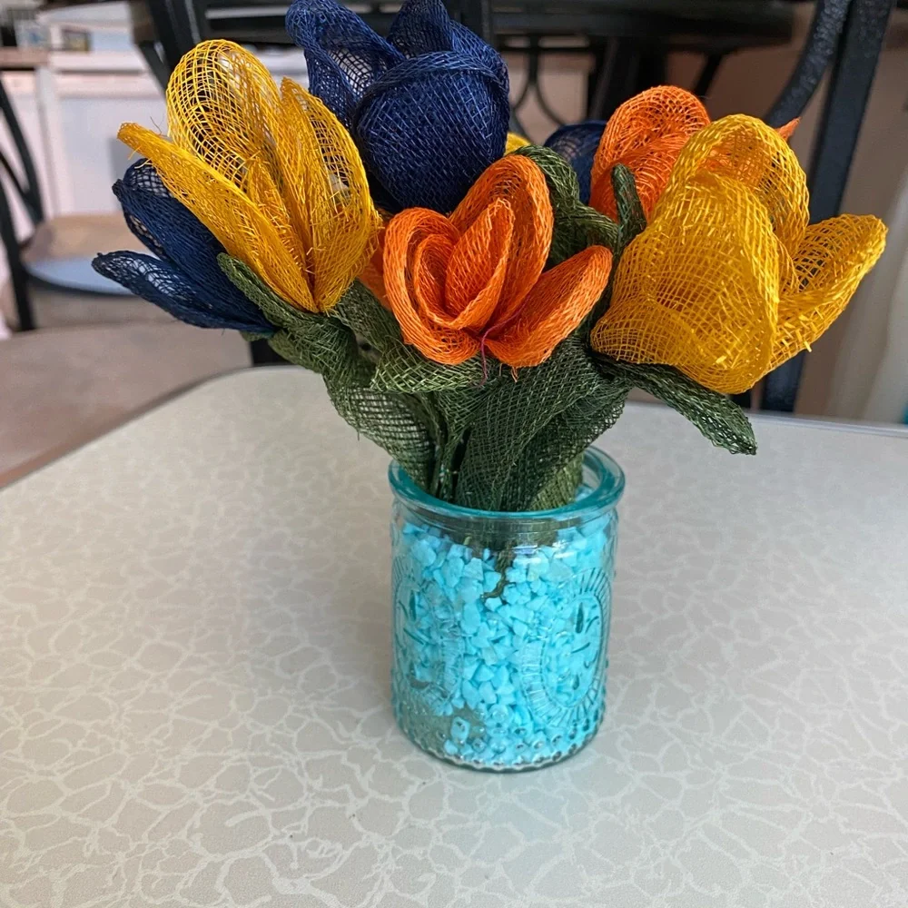 Glass Jar with Yellow, Orange & Navy Decorative Mesh Flowers